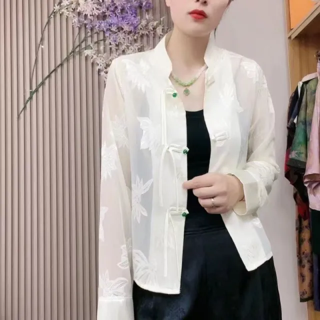 Women's Long sleeved Thin Mandarin Collar Shirt New White - Shop at LoveMi