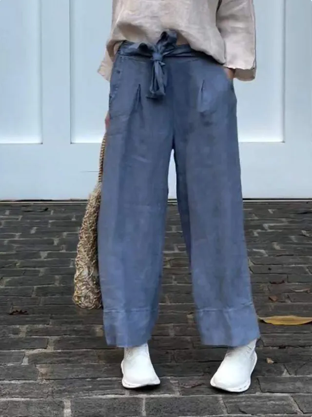 Women's Lightweight Adjustable High Waist Loose Trousers With Pockets Blue - Shop at LoveMi