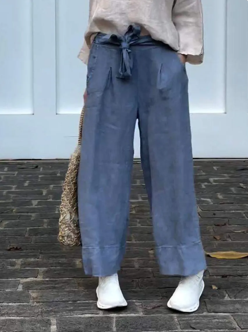 Women's Lightweight Adjustable High Waist Loose Trousers With Pockets - Blue