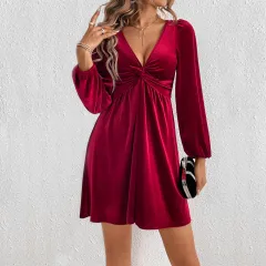 Sexy V-neck Waist A- Line Long Sleeve Party Velvet Dress - Wine Red - View 1