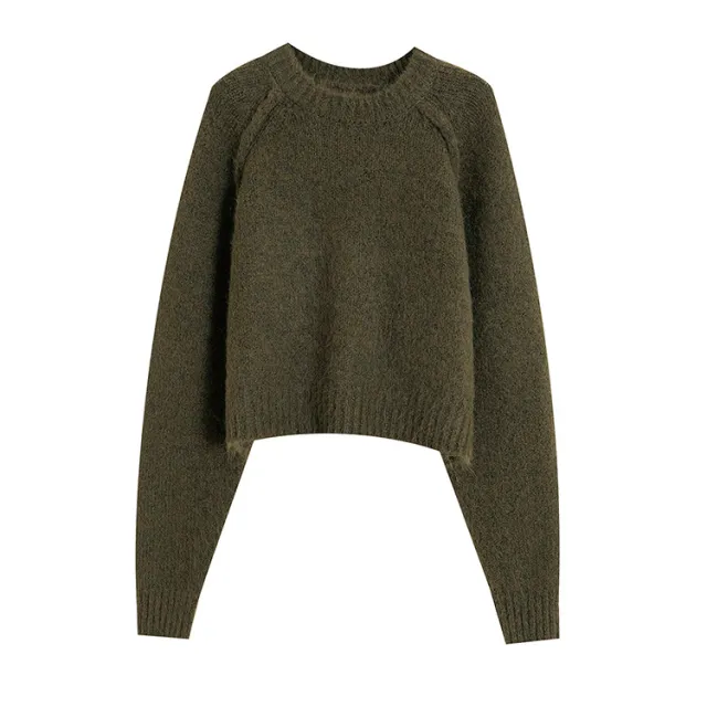 French Style Simple Temperament Leisure Round Neck Sweater Olive Green - Shop at LoveMi