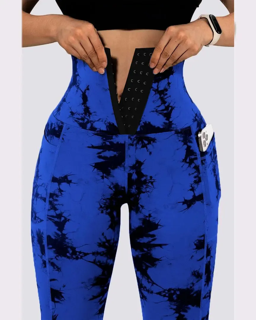 Women's Yoga Sports Patchwork Pocket Tie-dye Leggings - Blue
