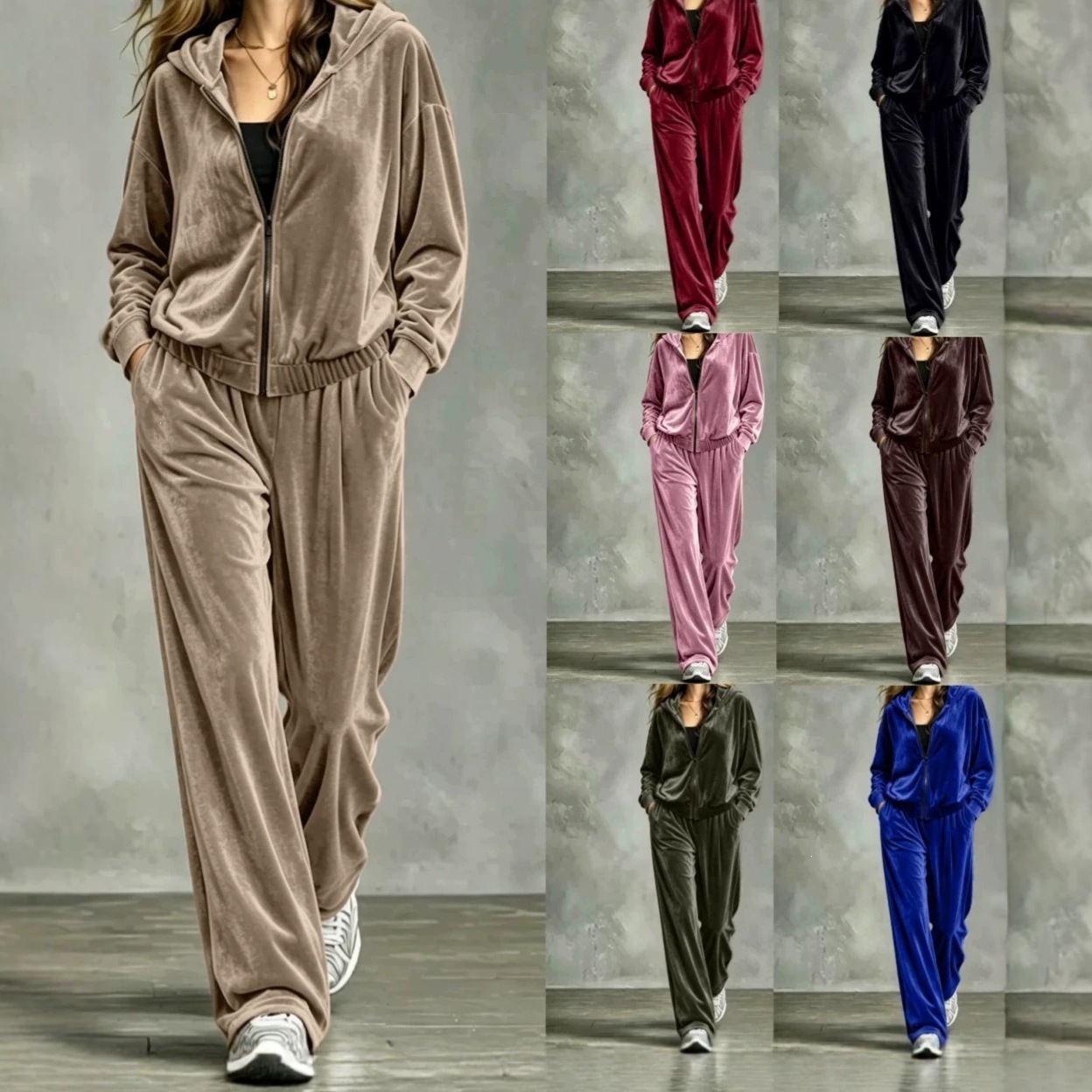 Solid-color Fashion Casual Zip-up Set