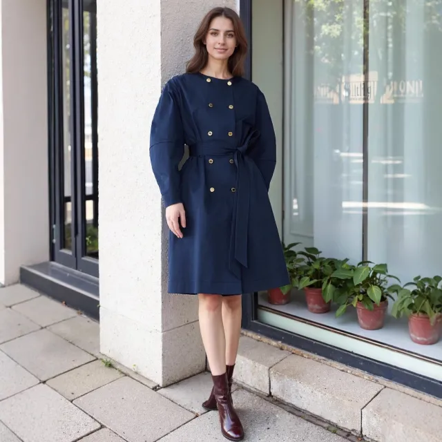 Elegant Round Neck Waist Trimming Elegant Trench Coat Dark Blue - Shop at LoveMi