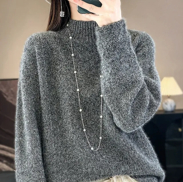 Retro Jacquard Knitted HalfHigh Neck Base Sweater Loose Effortless Base Top Black And White Flowers - Shop at LoveMi