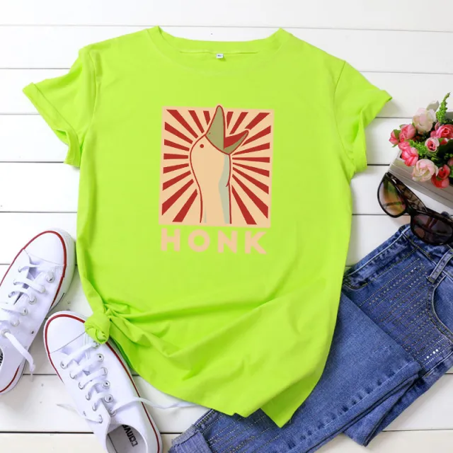 Vintage HONK Goose Print Crew Neck Casual Cotton Short Sleeve T shirt Fluorescent Green - Shop at LoveMi