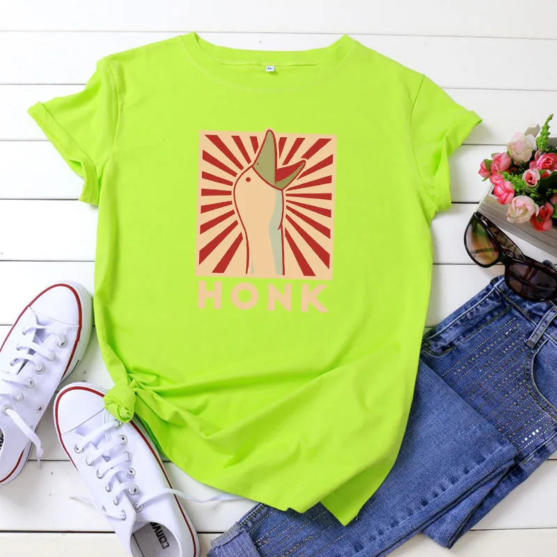 Vintage HONK Goose Print Crew Neck Casual Cotton Short Sleeve T-shirt - Fluorescent Green