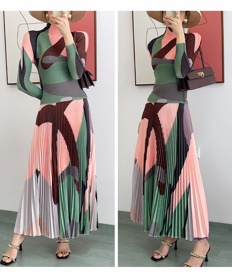 Geometric Pattern Fashion Pleated Women's Two-piece Set