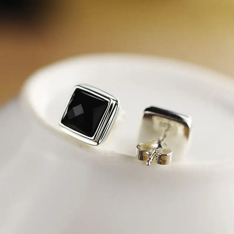 S925 Silver Accessories Cut Black Agate Stud Earrings