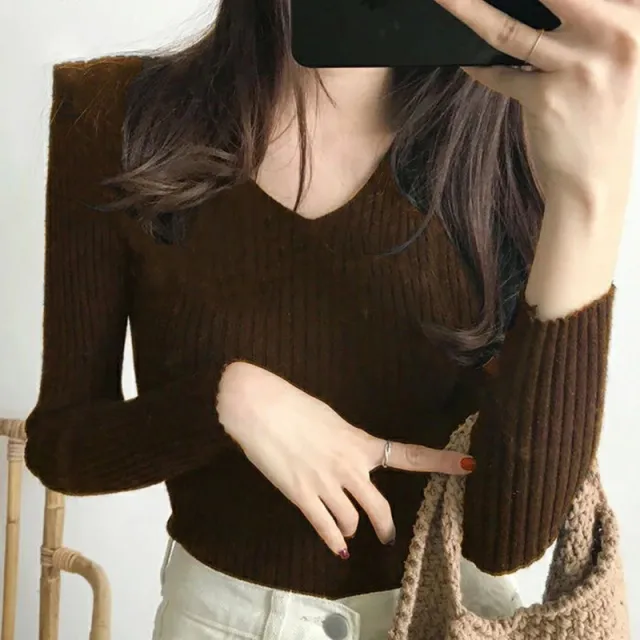 Bottoming Shirt 3 Kinds Of Rib Knitted Top Brown - Shop at LoveMi