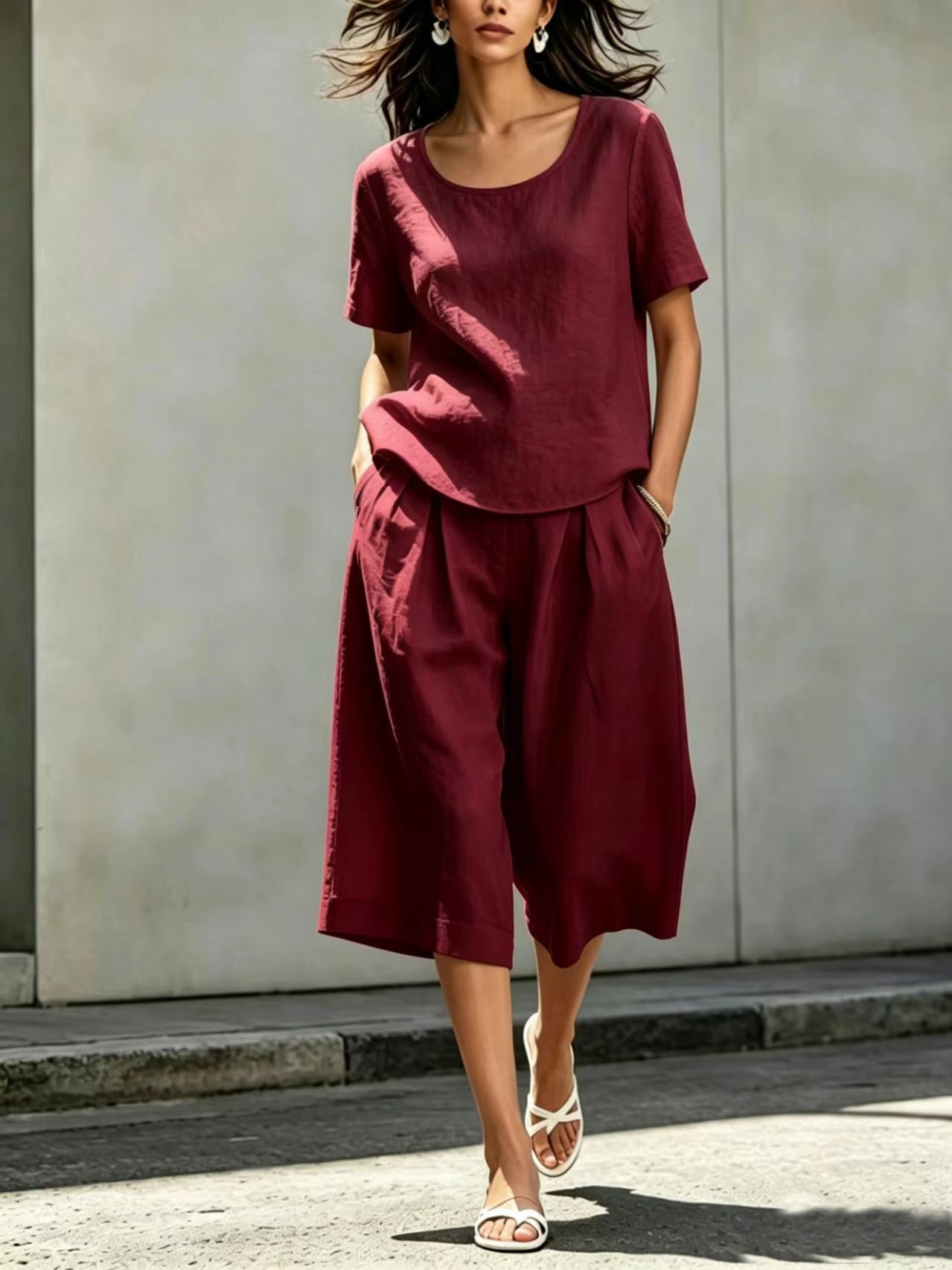 Women's Cotton-Linen Casual Set – Wine Red colorway front view