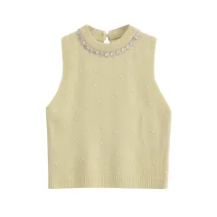 Women's Faux Pearl And Jewellery Inlaid Sleeveless Knitted Top - View 1