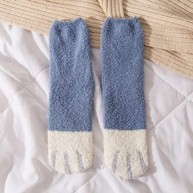 New Coral Velvet Cat's Paw Socks For Women Fleece Lined Padded Warm Keeping Blue - Shop at LoveMi