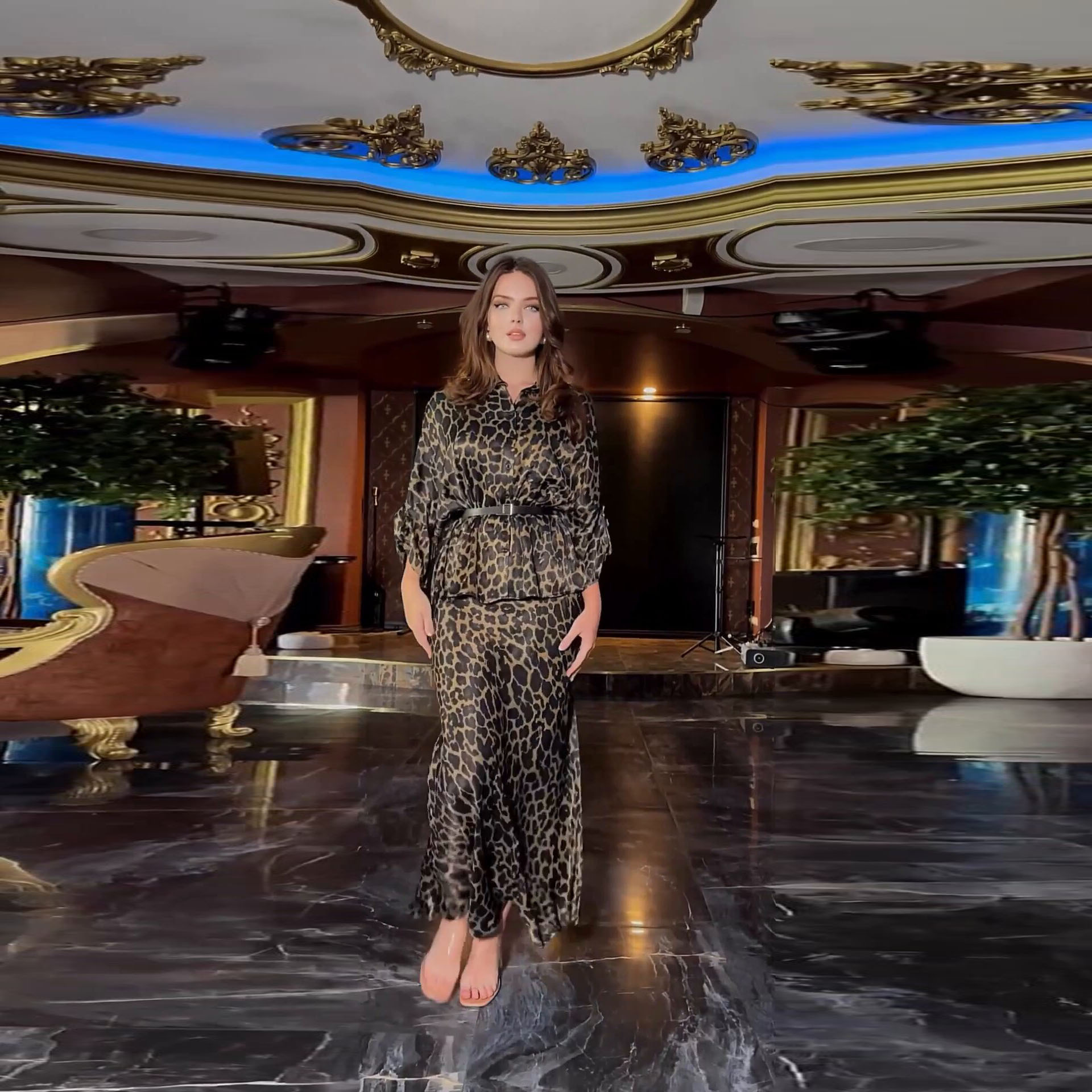 Leopard-print Long-sleeved Shirt Skirt Suit