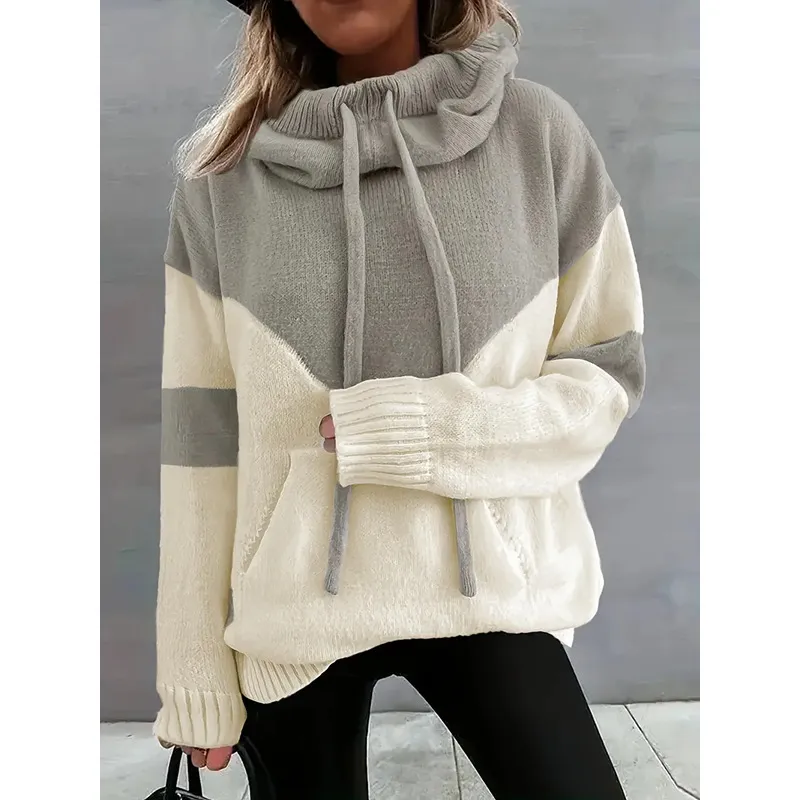 Fashion Same Color Hoodie With Drawstrings Sweater For Women - Granny Grey