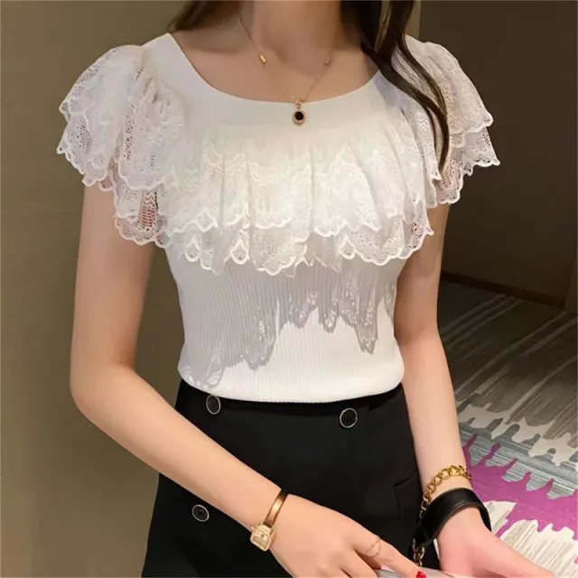 Off shoulder Top Slim Lace Stitching Ruffled Short Sleeves White - Shop at LoveMi
