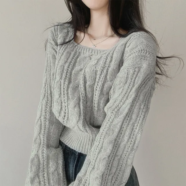 Idle Style Solid Color Lantern Sleeve Square Collar Pullover Sweater Light Gray - Shop at LoveMi