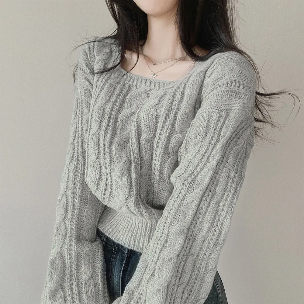 Idle Style Solid Colour Lantern Sleeve Square Collar Pullover Sweater - Light Grey