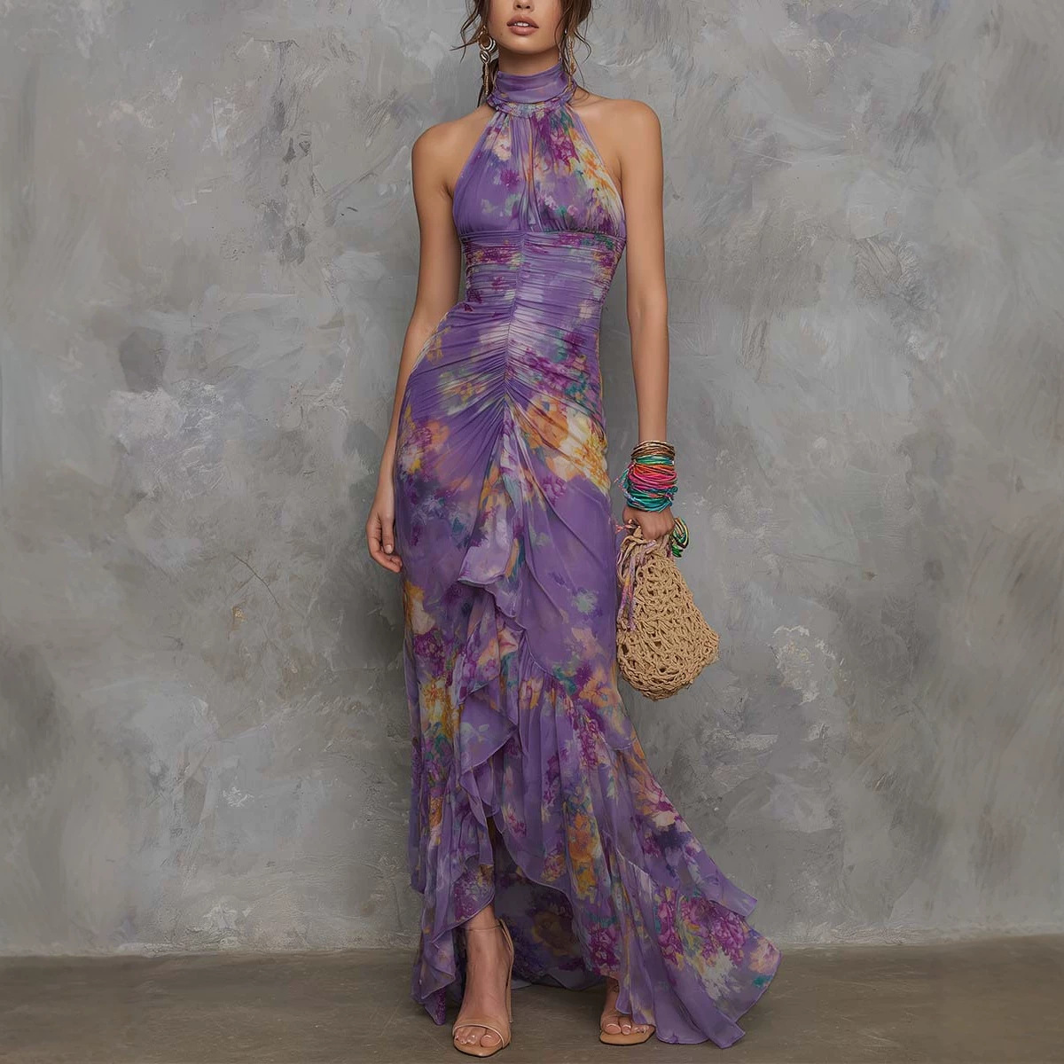 Casual Scoop-neck Low-cut Off-shoulder Colorful-printed Asymmetrical Wrap Dress