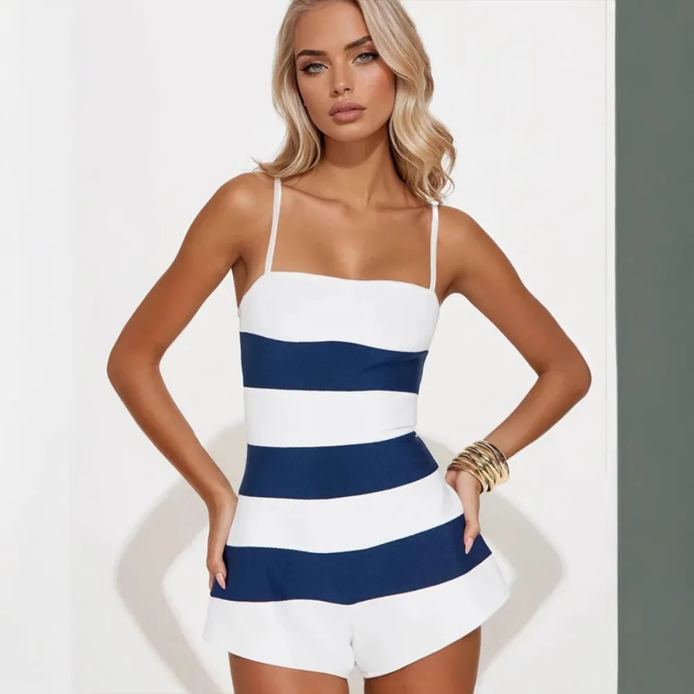 Summer Fashionable Strap Contrast-Color Jumpsuit - White