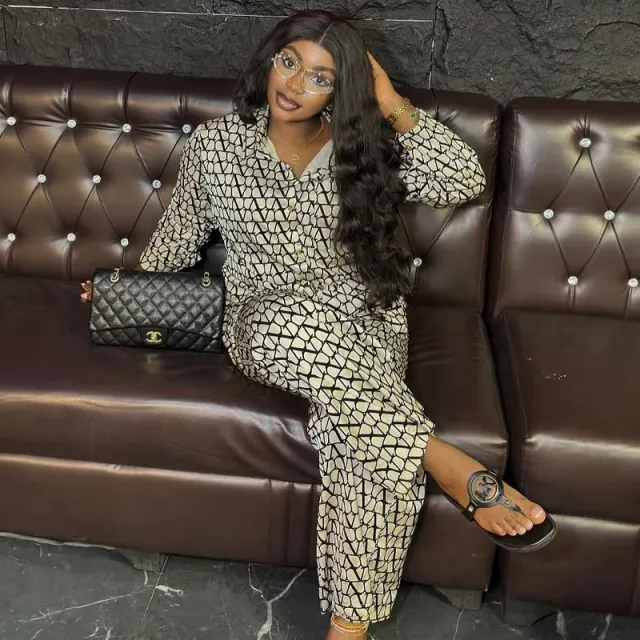 European And American Printed Long sleeved Shirt Wide leg Trousers Two piece Set Silver - Shop at LoveMi