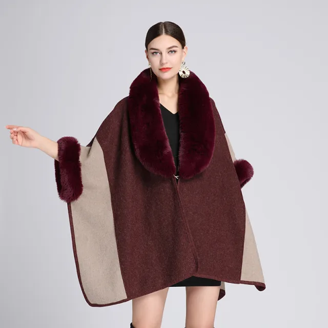 Imitation Rex Rabbit Fur Collar Cape And Shawl Women's Plus Size Loose Woolen Coat Red - Shop at LoveMi