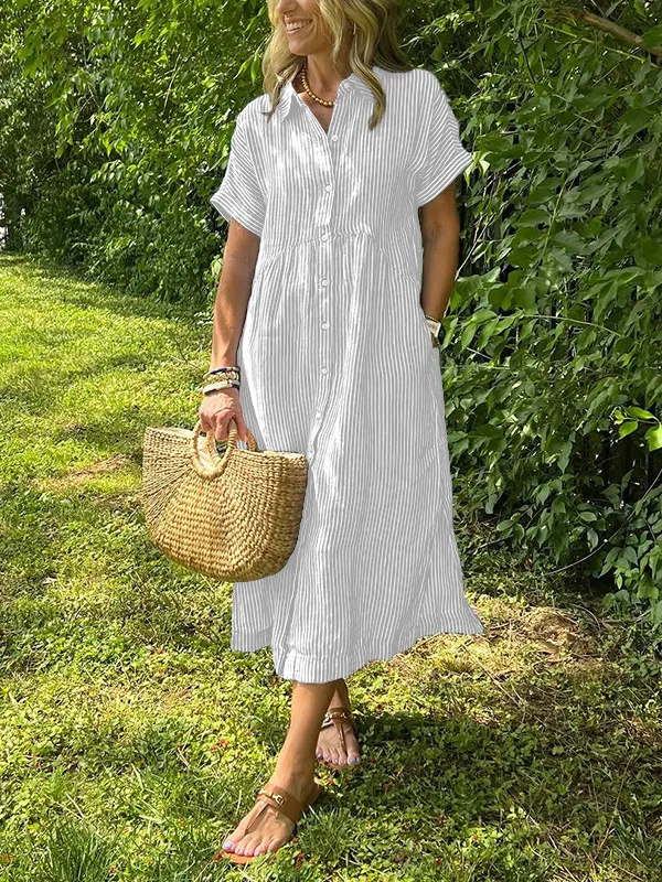 Loose Striped Short Sleeve Casual Cotton And Linen Dress White - Shop at LoveMi