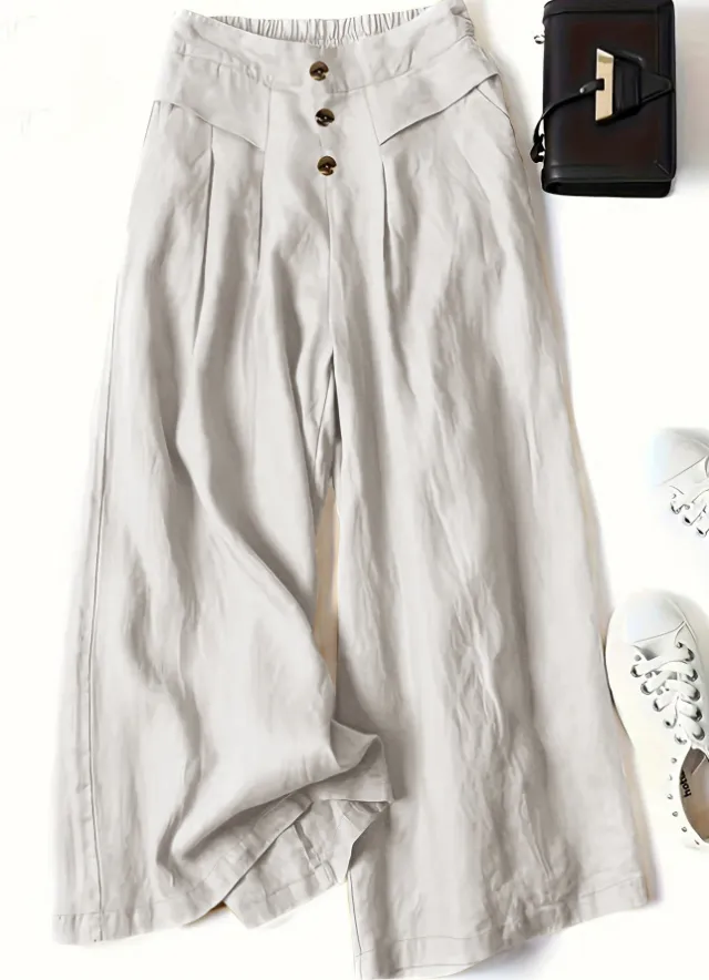 Women's Cotton And Linen Wide leg Pants Draping Loose Half Elastic High Waist Slimming Beige - Shop at LoveMi