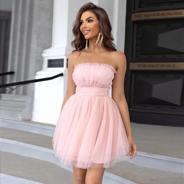 Women's Tube Top Mesh Graceful Bow Pettiskirt Dress Pink - Shop at LoveMi