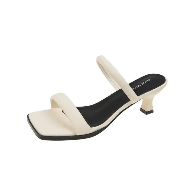 French Style High grade Sandals Women's Chain Chunky Heel High Heel Toe Covering Beige - Shop at LoveMi