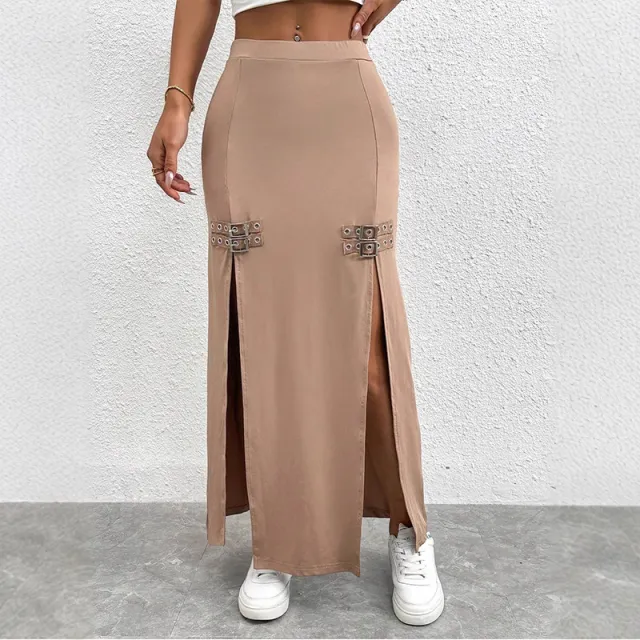 Street Slim fit Sheath High Slit Skirt Khaki - Shop at LoveMi