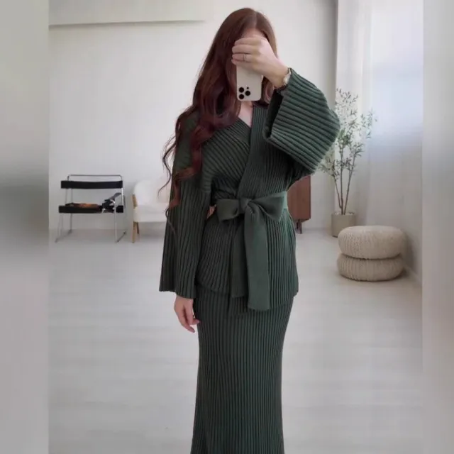 New V neck Ribbed Sweater Knit Wrap Dress With A Straight Skirt And A Bow Tie Green - Shop at LoveMi