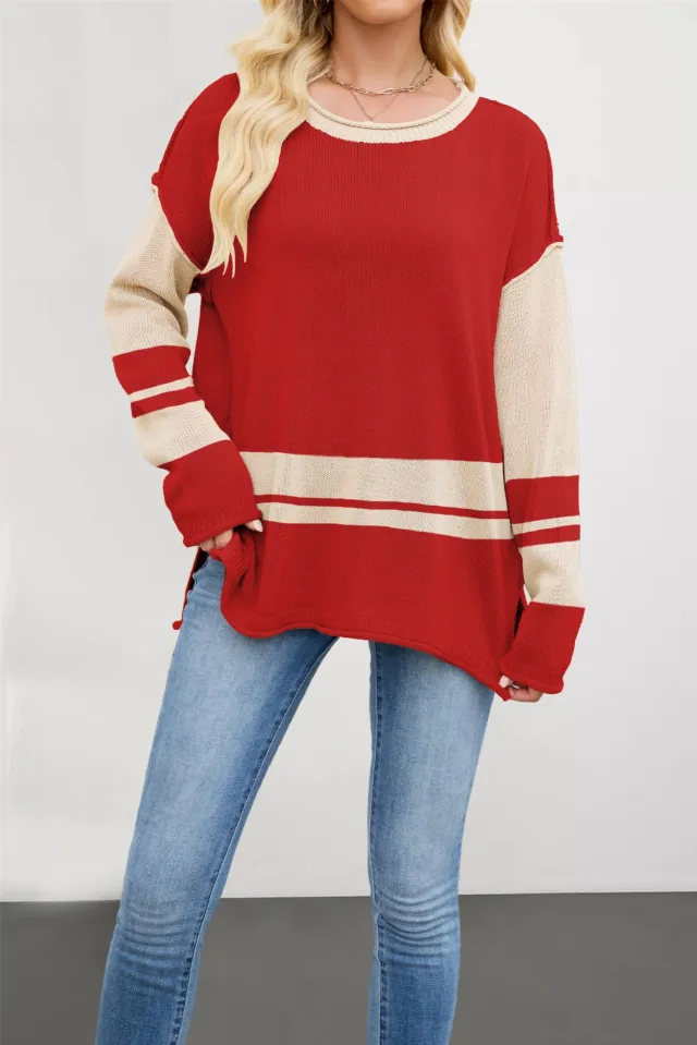 Color block Crew Neck Loose Versatile Jumper Red - Shop at LoveMi