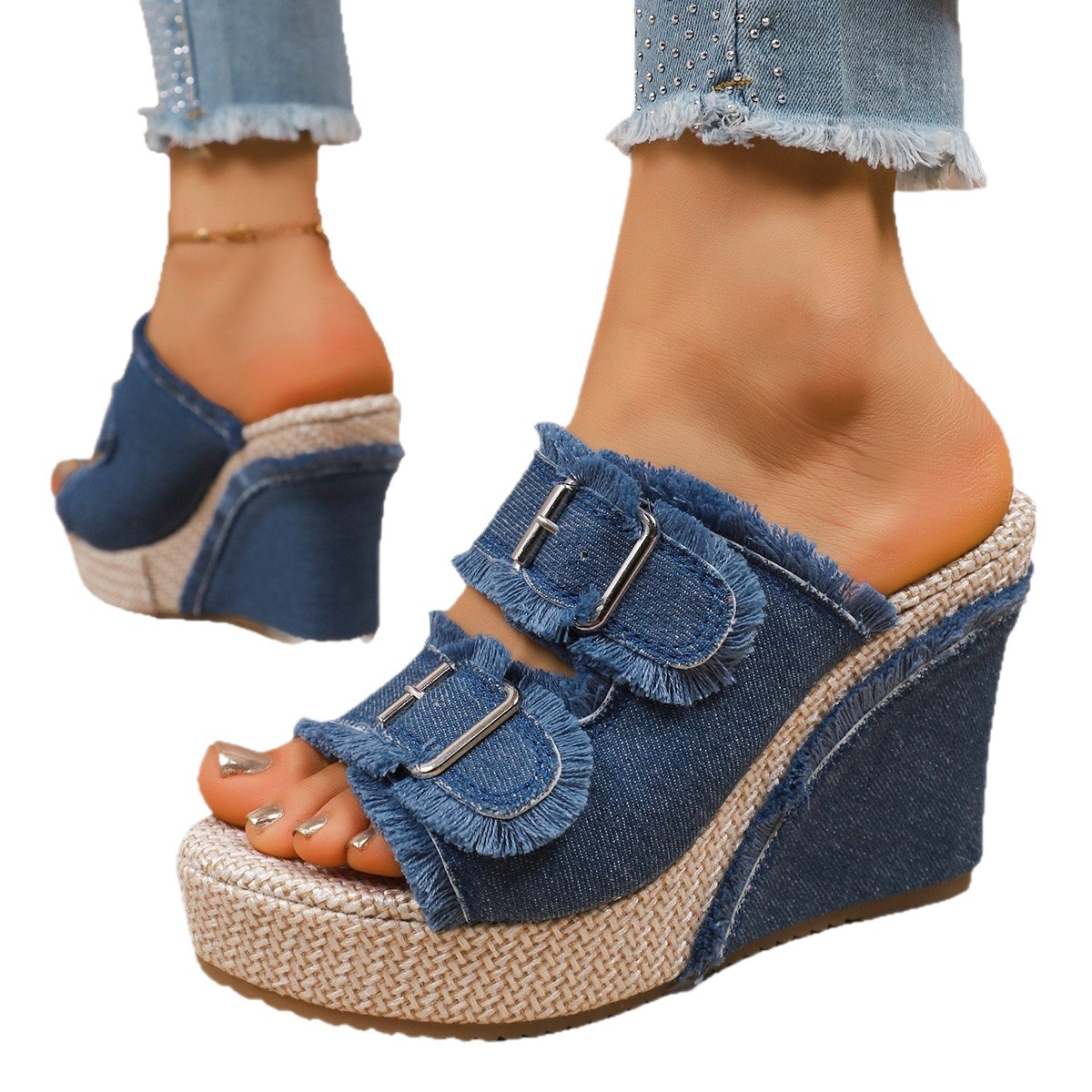 Denim Belt-Buckle Slip-On Sandals, picture 3 of 4