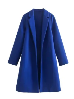 Women's Casual Woolen Lapel Non-buckle Overcoat Coat - Blue - View 1