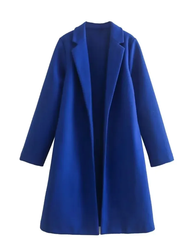 Women's Casual Woolen Lapel Non buckle Overcoat Coat Blue - Shop at LoveMi