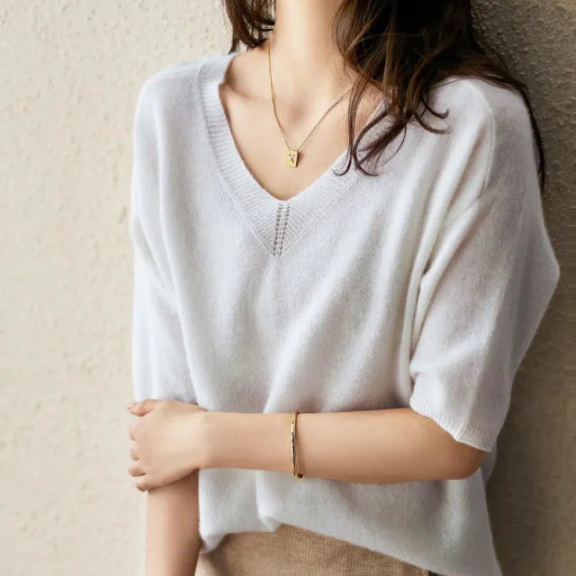 Women's Fashionable Temperament V neck Solid Color Sweater Top White - Shop at LoveMi
