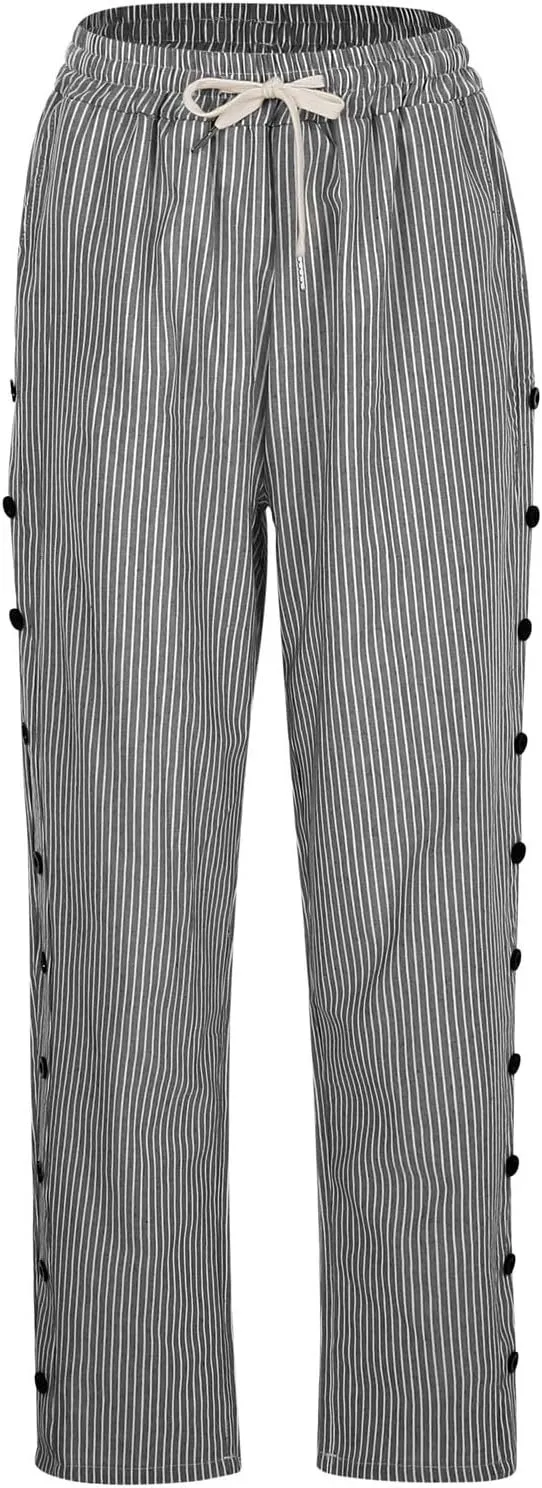Women's Striped Side Button Fashion Loose Trousers Gray - Shop at LoveMi
