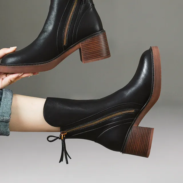 Thick Heel Brown Ankle Boots British Style Handsome Black - Shop at LoveMi