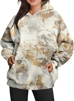 Women's Camouflage Hoodie Maple Leaf Print Oversized Sports Hoodie - Color 2 Large Leaves-M - View 1