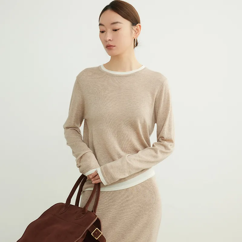 Early Spring Style Wool Sweater Women's Contrast Colours False-two-piece Bottoming Shirt - Sunset Camel