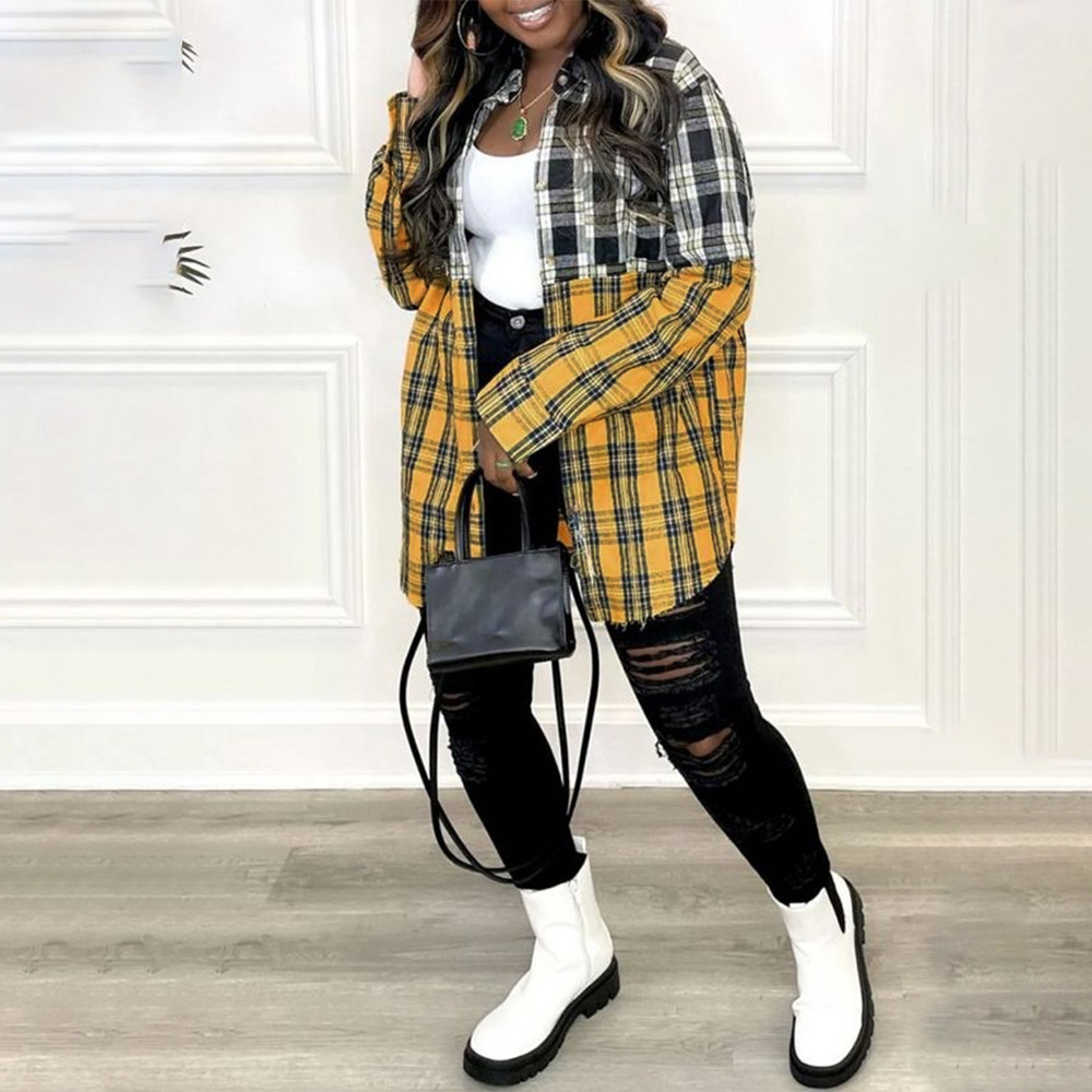Women's Casual Plaid Pocket Button Stitching Long Sleeve Plus Size Shirt