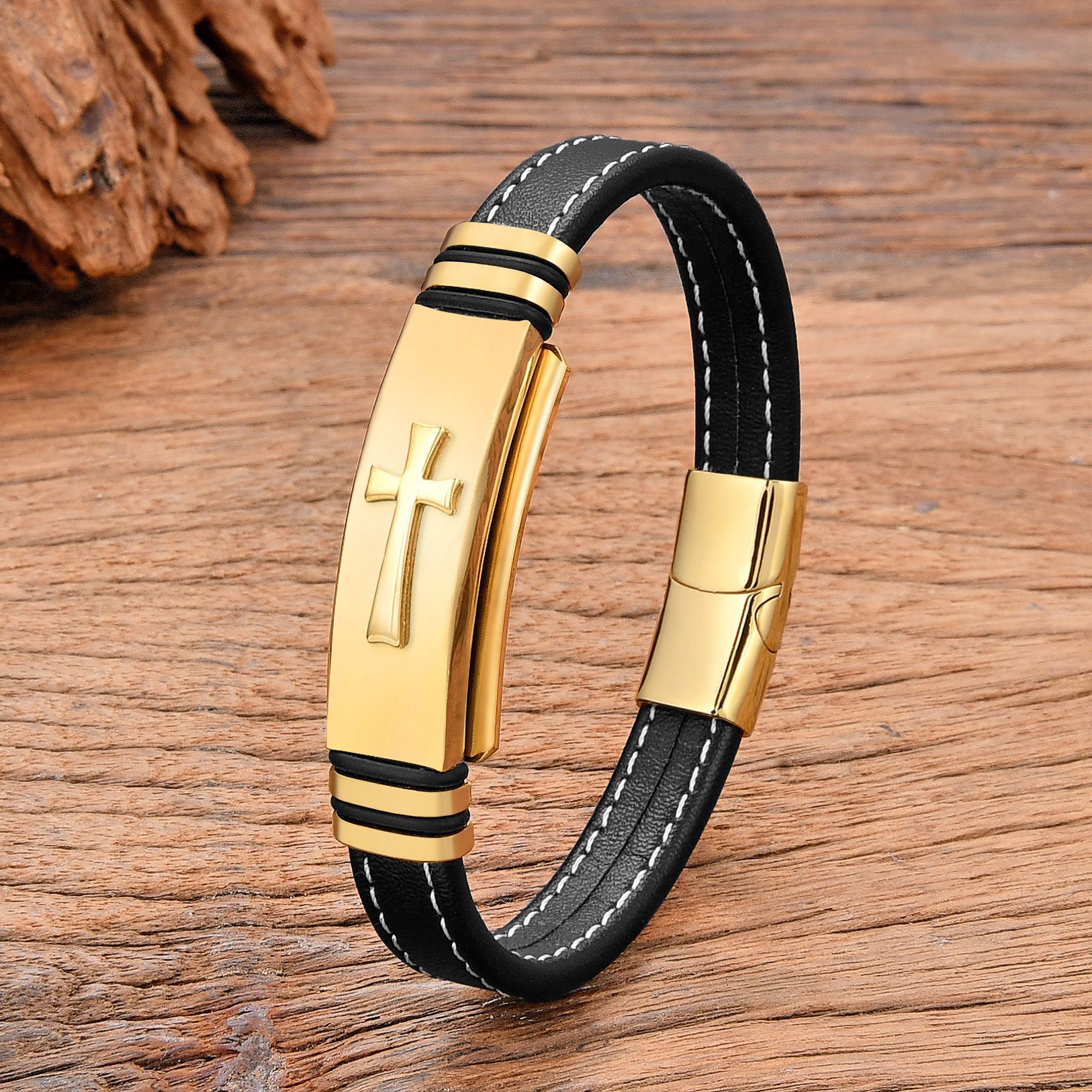 Simple Cross Leather Cord Bracelet Stainless Steel Bracelet