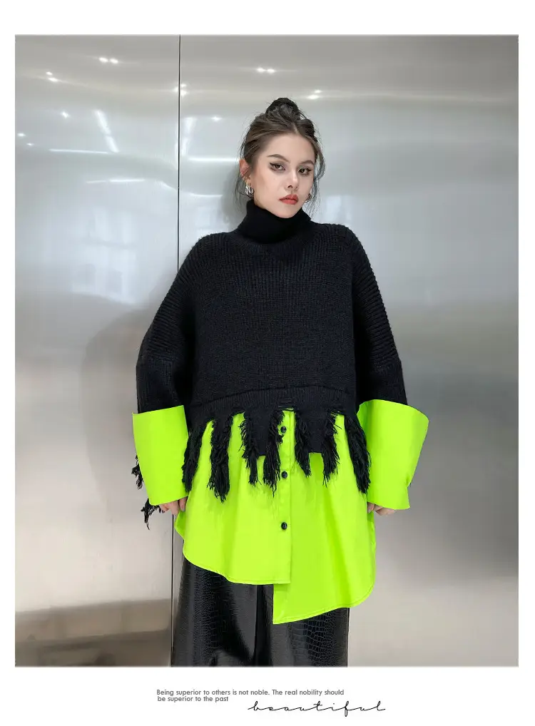 Women's American-style Retro Color Contrast Patchwork Turtleneck Sweater