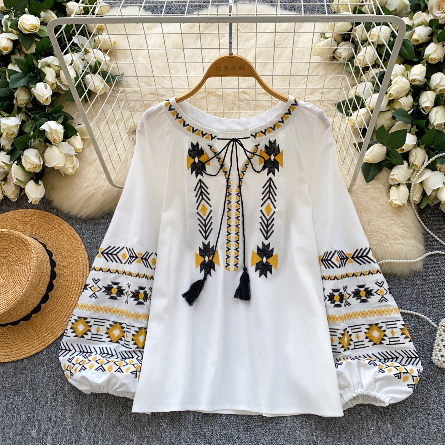 Embroidered Lace-Up Crew Neck Puff Sleeve Top Womens Base Layer Shirt — image 1