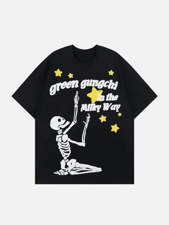 Skull Print Pure Cotton Loose T shirt Short Sleeve Top Style 11 Black - Shop at LoveMi
