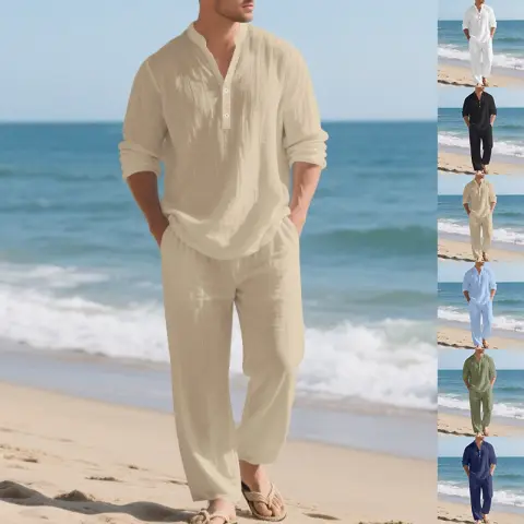 Mens Loose-Fit Long-sleeved Suit Casual Breathable V-Neck Henley Shirt