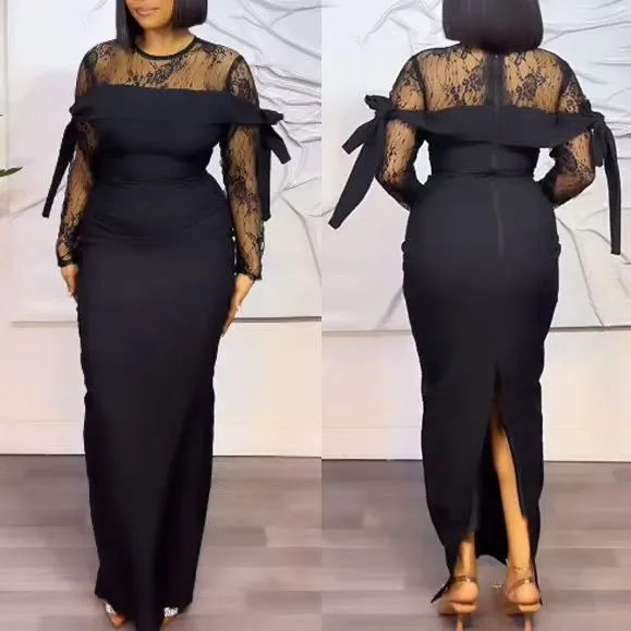 Round Neck Sexy Lace Stitching See through Sheath Split Dress Black - Shop at LoveMi