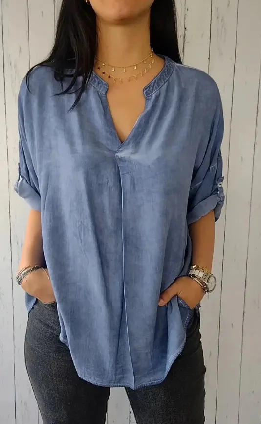 Women's Spring And Autumn V neck Cotton And Linen Pure Plus Size Shirt Blue - Shop at LoveMi