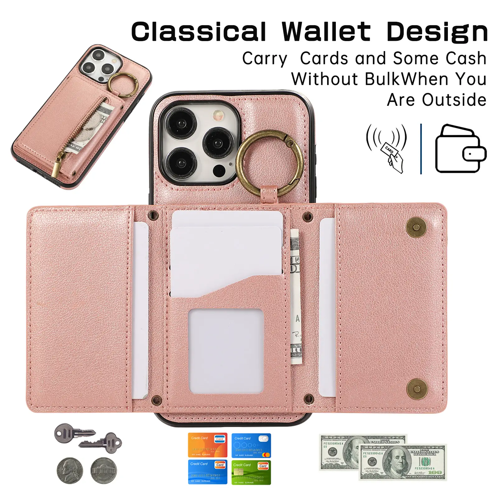 Suitable For IPhone16 Crossbody Mobile Phone Tri-fold Fastened Ring Zipper Card Holder